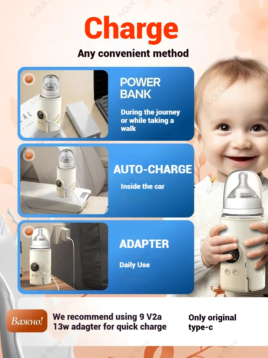 AiQUE 10000mAh USB Portable Milk Warmer for Baby Outdoor Constant Temperature Bottle Insulation Cover Hot Milk and Milk Heating