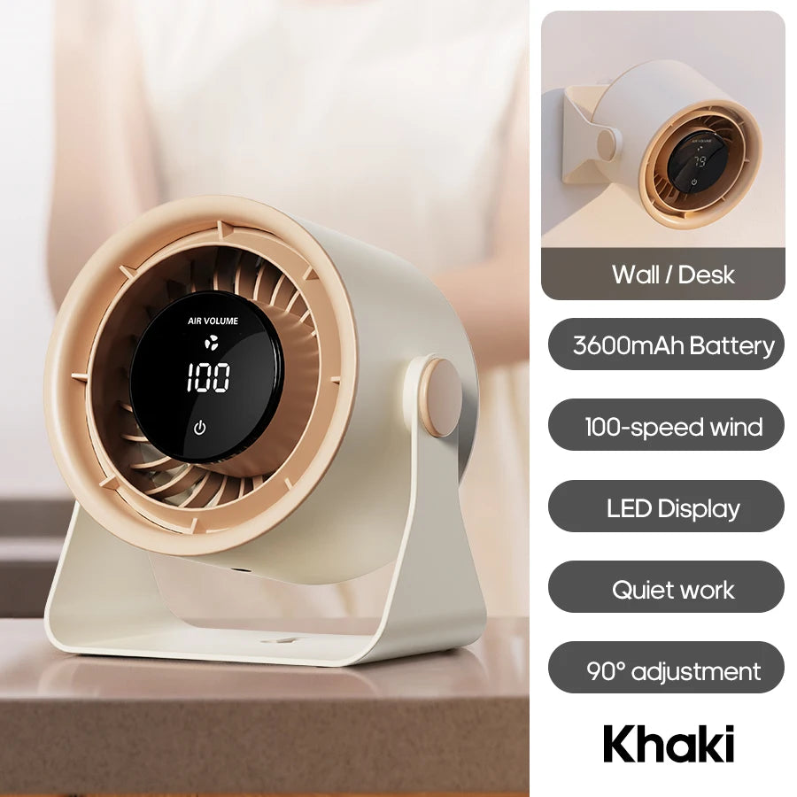 Multifunctional Portable Fan 100 Gear Speeds 3600mAh Wall Mount Low-Noise USB Desktop Cooling Fan with LED Display & Touch Scree