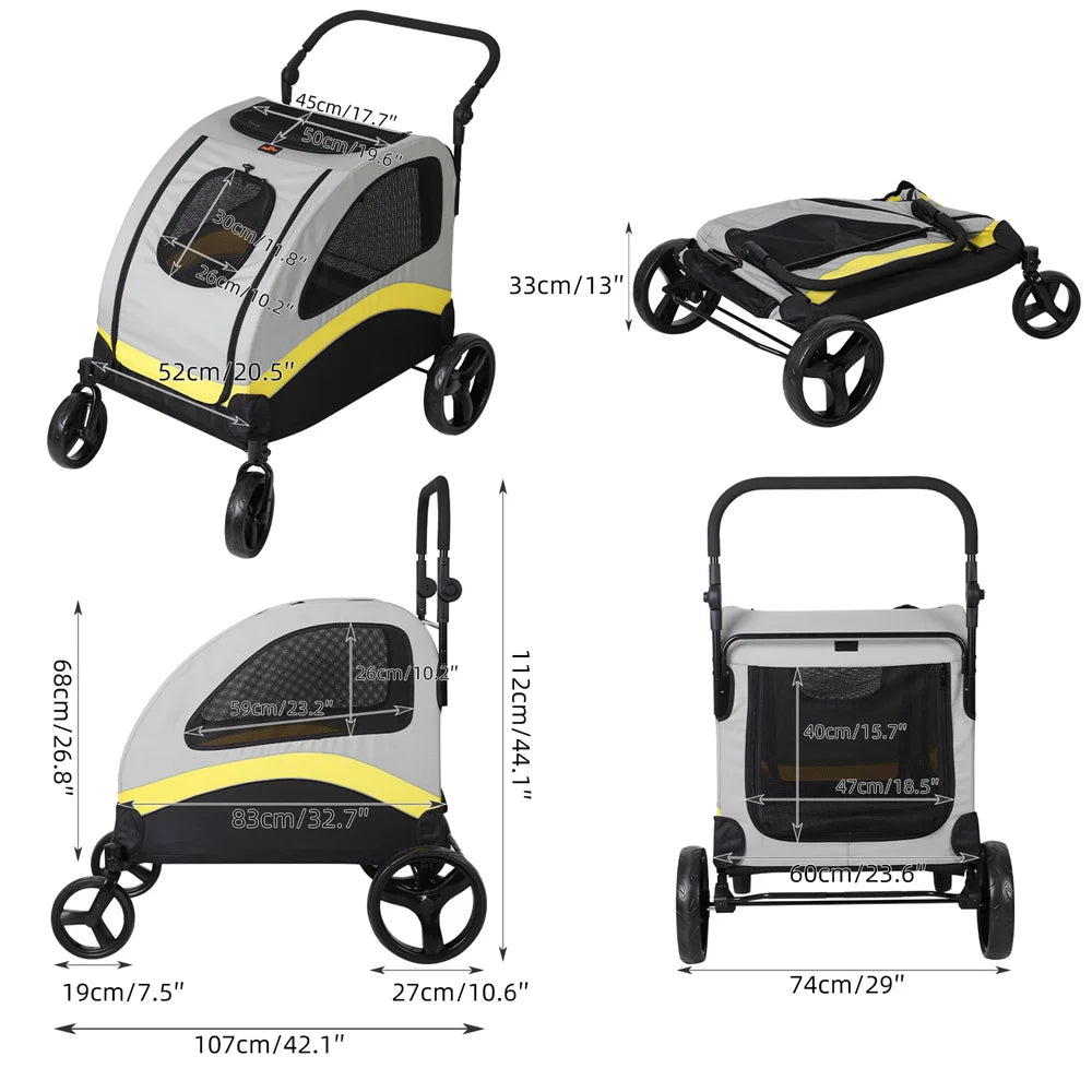 Foldable 4-Wheel Pet Stroller for Small, Medium, and Large Dogs.