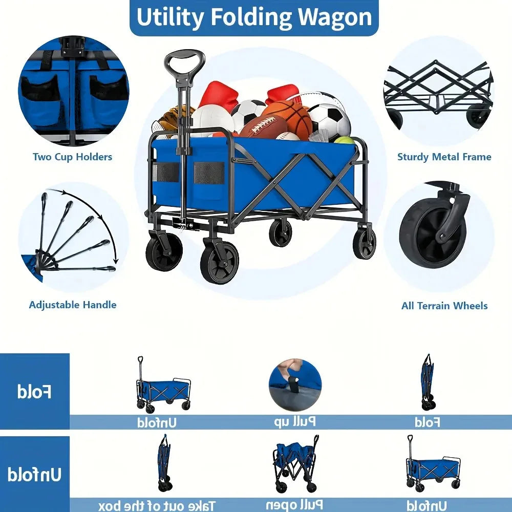 Collapsible Utility Wagon with All-Terrain Wheels and Large Capacity.