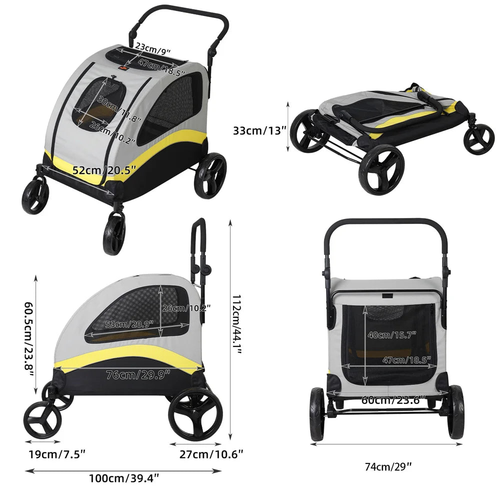 Foldable 4-Wheel Pet Stroller for Small, Medium, and Large Dogs.