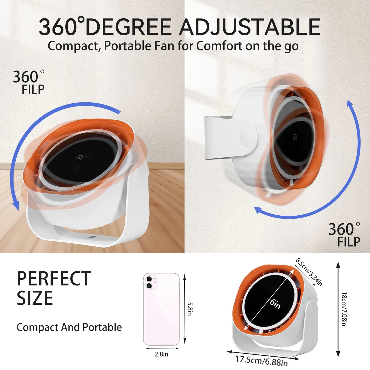 Portable Clip & Desktop Fan, Touch Screen 360° Adjustable, 3600mAh Rechargeable Strong Clamp Fan for Home/Office/Travel/Camping